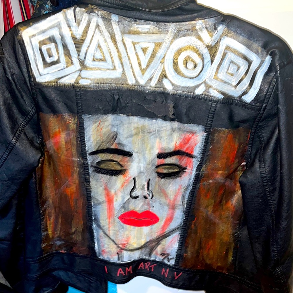 Custom self painted Old Navy crop leather jacket, rigid vintage design